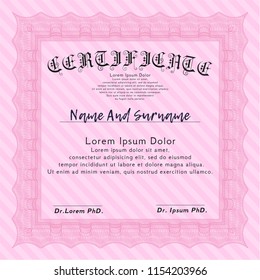 Pink Sample certificate or diploma. Detailed. Complex background. Money style design. 