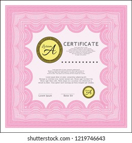 Pink Sample certificate or diploma. Detailed. With guilloche pattern. Perfect design. 