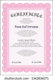 Pink Sample certificate or diploma. Detailed. With complex background. Sophisticated design. 