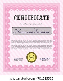 Pink Sample certificate or diploma. Detailed. With complex background. Cordial design. 