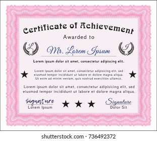 Pink Sample certificate or diploma. Detailed. With linear background. Nice design. 