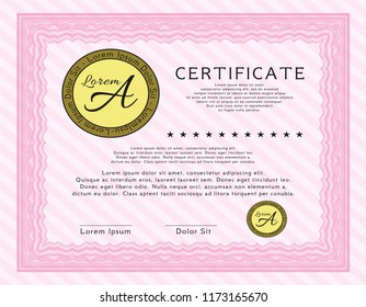 Pink Sample certificate or diploma. Easy to print. Lovely design. Vector illustration. 