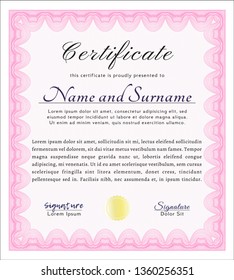 Pink Sample certificate or diploma. Easy to print. Customizable, Easy to edit and change colors. Nice design. 