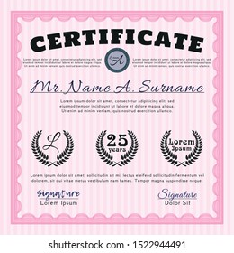 Pink Sample certificate or diploma. Easy to print. Perfect design. Detailed. 