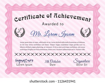 Pink Sample certificate or diploma. Elegant design. With great quality guilloche pattern. Detailed. 
