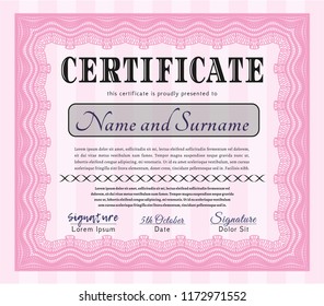 Pink Sample certificate or diploma. Elegant design. With complex linear background. Detailed. 