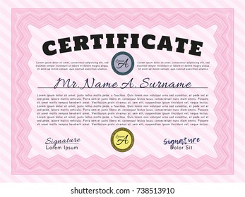 Pink Sample certificate or diploma. Elegant design. Detailed. With complex linear background. 