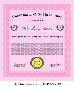 Pink Sample certificate or diploma. Excellent design. Vector illustration. With linear background. 