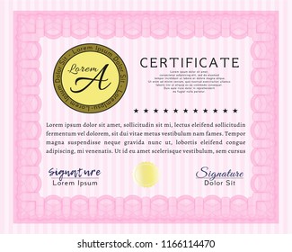 Pink Sample certificate or diploma. Excellent design. Vector illustration. With complex linear background. 