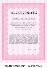 Pink Sample certificate or diploma. Good design. Detailed. With guilloche pattern. 