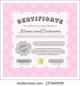 Pink Sample certificate or diploma. Good design. Vector illustration. With guilloche pattern. 