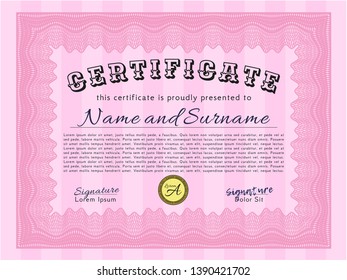 Pink Sample certificate or diploma. Good design. Easy to print. Vector illustration. 