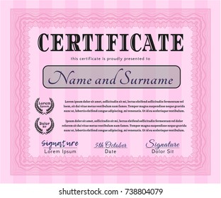 Pink Sample certificate or diploma. Good design. With guilloche pattern. Customizable, Easy to edit and change colors. 