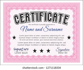 Pink Sample certificate or diploma. With great quality guilloche pattern. Money style design. Customizable, Easy to edit and change colors. 