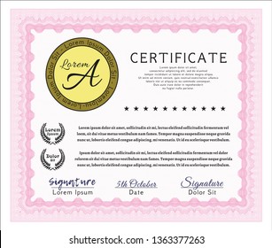 Pink Sample certificate or diploma. With great quality guilloche pattern. Lovely design. Customizable, Easy to edit and change colors. 