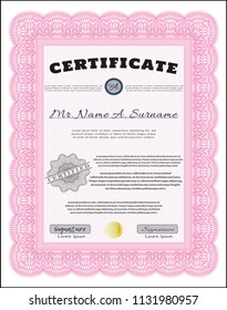 Pink Sample certificate or diploma. With guilloche pattern and background. Superior design. Customizable, Easy to edit and change colors. 