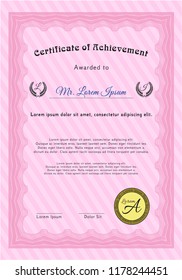 Pink Sample certificate or diploma. With guilloche pattern and background. Money design. Customizable, Easy to edit and change colors. 