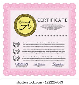 Pink Sample certificate or diploma. With guilloche pattern and background. Beauty design. Vector illustration. 
