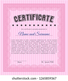 Pink Sample certificate or diploma. With guilloche pattern. Vector illustration. Lovely design. 