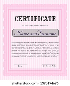 Pink Sample certificate or diploma. With guilloche pattern and background. Lovely design. Vector illustration. 