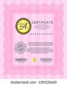 Pink Sample certificate or diploma. With guilloche pattern and background. Retro design. Customizable, Easy to edit and change colors. 