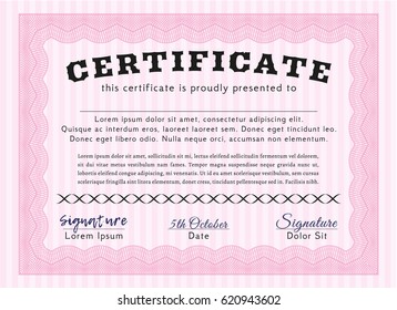 Pink Sample certificate or diploma. With guilloche pattern and background. Customizable, Easy to edit and change colors. Nice design. 