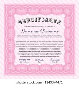 Pink Sample certificate or diploma. With linear background. Money Pattern. Vector illustration. 