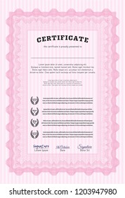 Pink Sample certificate or diploma. With linear background. Money style design. Vector illustration. 