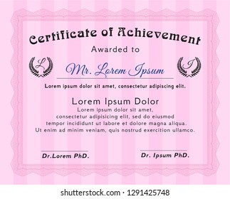 Pink Sample certificate or diploma. With linear background. Vector illustration. Artistry design. 