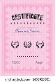 Pink Sample certificate or diploma. With linear background. Artistry design. Customizable, Easy to edit and change colors. 