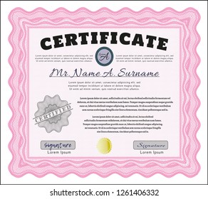 Pink Sample certificate or diploma. Lovely design. Customizable, Easy to edit and change colors. With great quality guilloche pattern. 