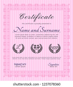 Pink Sample certificate or diploma. Modern design. With guilloche pattern and background. Customizable, Easy to edit and change colors. 