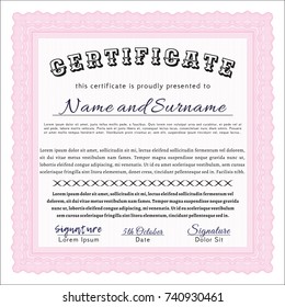 Pink Sample certificate or diploma. Modern design. Detailed. With complex linear background. 