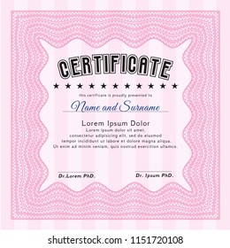 Pink Sample certificate or diploma. Money design. Customizable, Easy to edit and change colors. With guilloche pattern and background. 