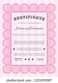 Pink Sample certificate or diploma. Money Pattern design. Vector illustration. With complex linear background. 