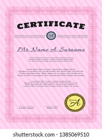Pink Sample certificate or diploma. Money Pattern design. With great quality guilloche pattern. Detailed. 