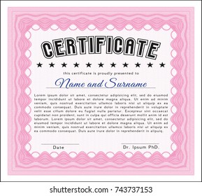 Pink Sample certificate or diploma. Money Pattern. Customizable, Easy to edit and change colors. With linear background. 