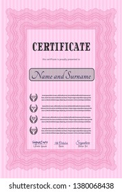 Pink Sample certificate or diploma. Nice design. With linear background. Vector illustration. 