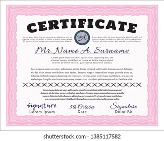 Pink Sample certificate or diploma. Nice design. Printer friendly. Vector illustration. 