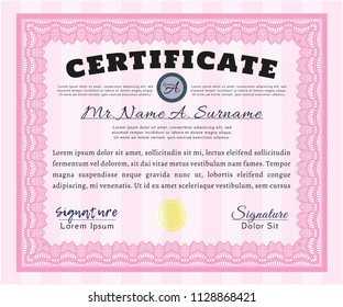 Pink Sample certificate or diploma. Perfect design. Vector illustration. With complex background. 