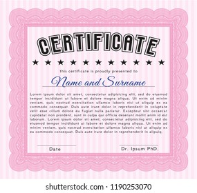 Pink Sample certificate or diploma. Perfect design. With complex linear background. Detailed. 