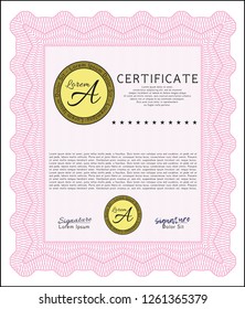Pink Sample certificate or diploma. Perfect design. Vector illustration. With guilloche pattern and background. 