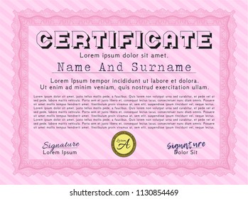 Pink Sample certificate or diploma. With quality background. Customizable, Easy to edit and change colors. Money Pattern. 