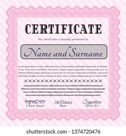 Pink Sample certificate or diploma. Retro design. Customizable, Easy to edit and change colors. With great quality guilloche pattern. 
