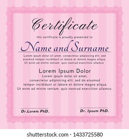 Pink Sample certificate or diploma. Retro design. Vector illustration. Complex background. 