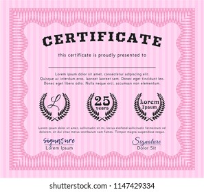Pink Sample certificate or diploma. Sophisticated design. Vector illustration. With guilloche pattern. 