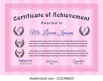 Pink Sample certificate or diploma. Superior design. Complex background. Vector illustration. 