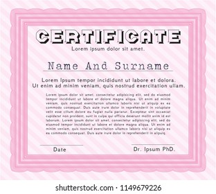 Pink Sample certificate or diploma. Superior design. Customizable, Easy to edit and change colors. Printer friendly. 