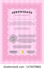 Pink Sample certificate or diploma. Superior design. Complex background. Customizable, Easy to edit and change colors. 