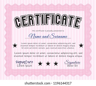 Pink Sample certificate or diploma. Superior design. Vector illustration. With guilloche pattern. 